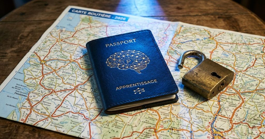 Un passeport et un cadenas ouvert posés sur une carte routière, éclairés d'une lumière bleue.